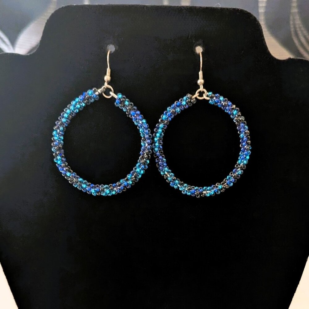 Blue Beaded Huichol Circle Round Dangling Earrings